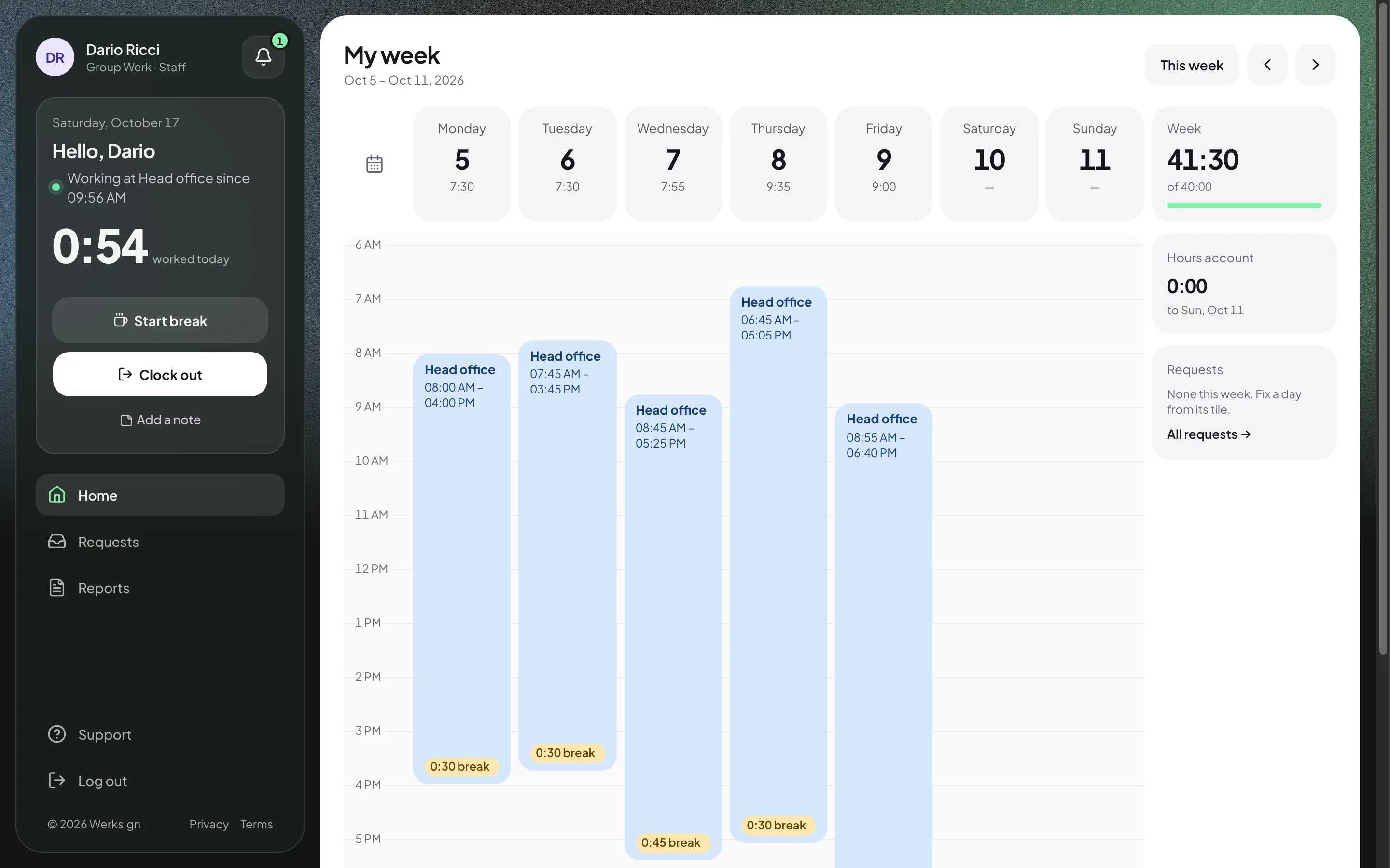 The Werksign week view on a desktop: each day's recorded shifts, breaks and totals laid out as a timeline.