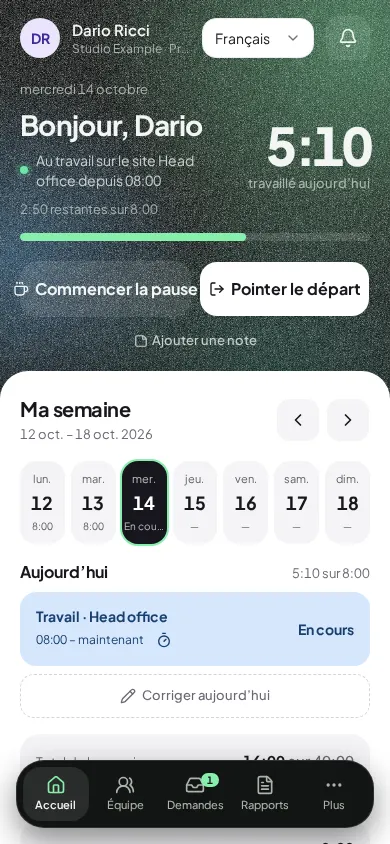 Werksign sur téléphone : une personne arrivée au siège, 5:10 travaillées aujourd’hui, avec les boutons de pause et de départ et la semaine en dessous.
