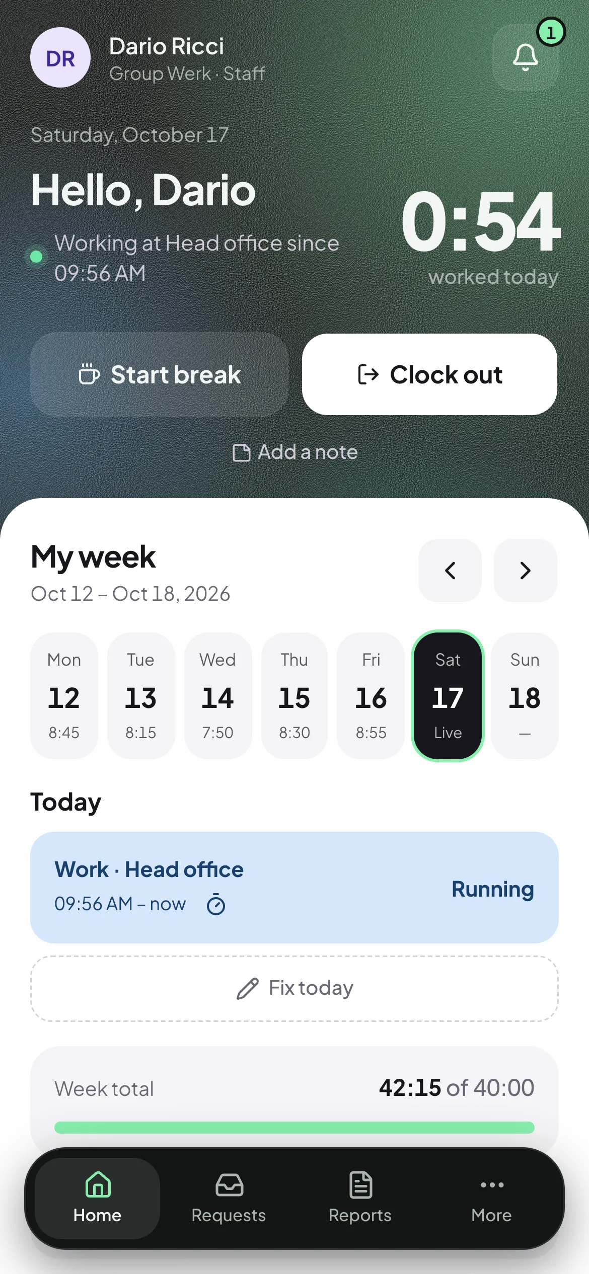 Werksign on a phone: an employee clocked in at the head office, 5:10 worked today, with Start break and Clock out buttons and the week below.