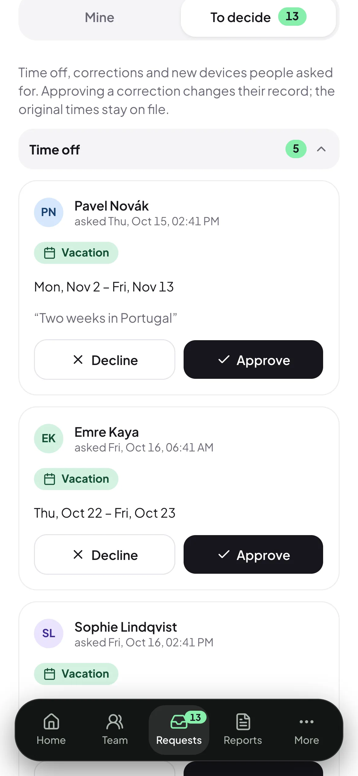 The manager's Requests page: time off, corrections and device approvals waiting for a decision.
