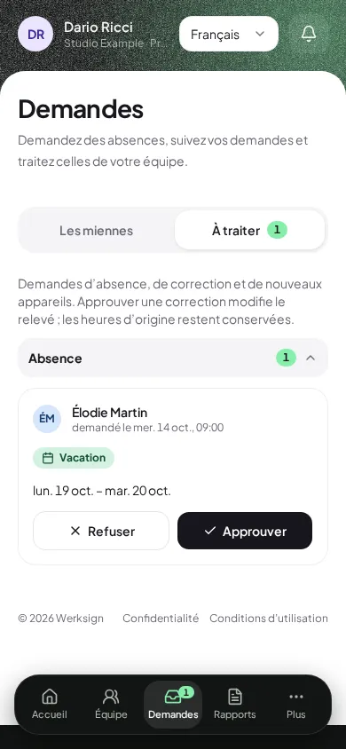 Page Demandes du responsable : absences, corrections et appareils en attente d’une décision.